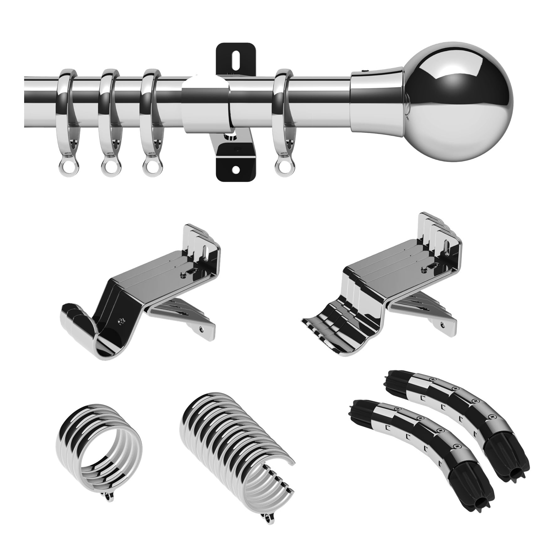 Swish Design Studio 28mm Bay Window Curtain Pole set Kit 5M, 500cm, Chrome Mondiale Finial