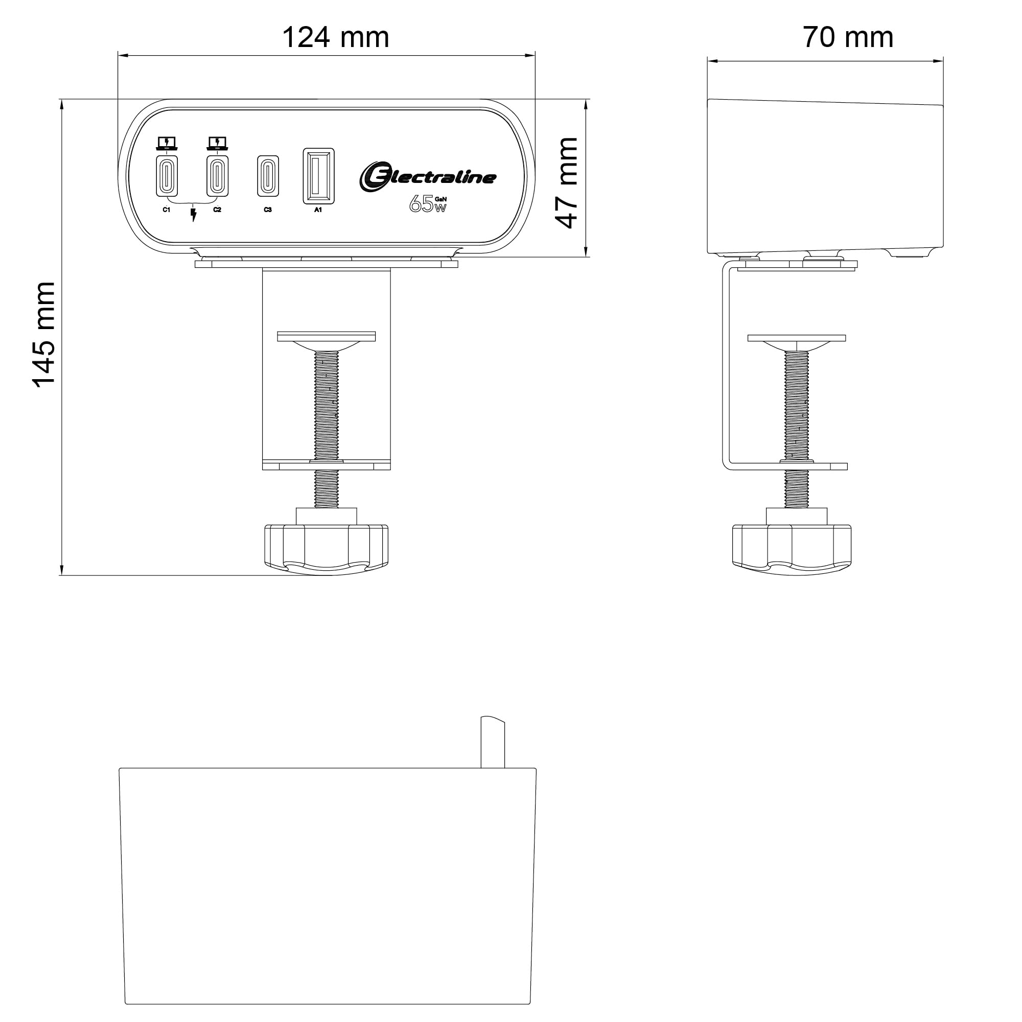Electraline 62584 Regleta Base Multiple de Escritorio/Mesa de trabajo Electradock 2 Tomas Schuko + 1 USB-A + 3 USB C 65W PD Power Delivery, Cable H05VV-F 3G1.5 Longitud 2M, Enchufe Schuko