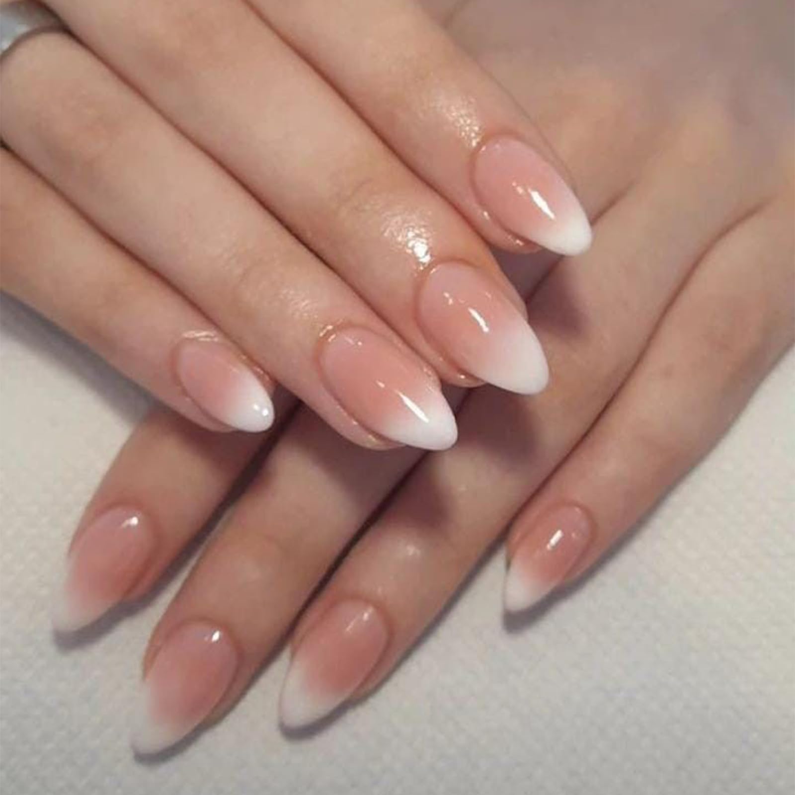 Press On Nails Short - Pink and White Ombre Press on Nails Almond Short Stick On Nails in 15 Sizes, 30Pcs Fake Nail Kit for Women