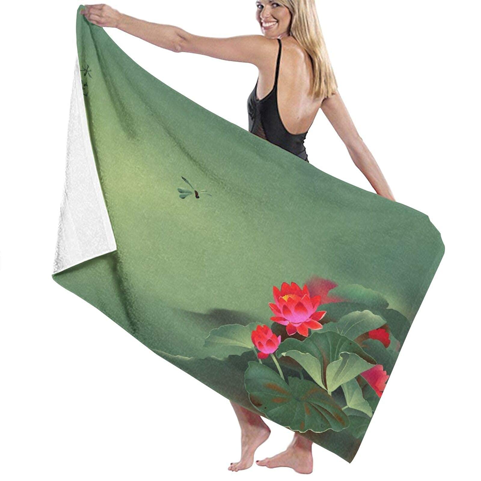 Lsjuee Dragonfly Lotus Beach Towel Trendy Sandproof Superfine Fiber Beach Towel Oversized Graphic for Picnic Pool Swimming Hawaii Beach Exercise or Training Other Water Activities 32INx52IN