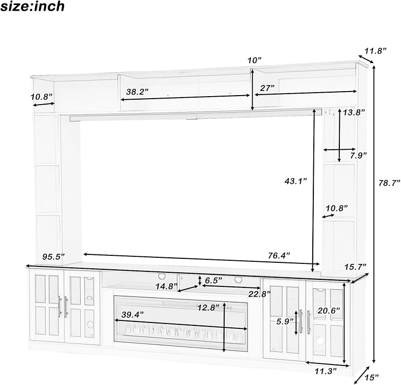 95.5" W Wall Unit Entertainment Center with Bookshelves for TVs up to 80",TV Stand Media Console with Electric Fireplace Cabinets and Adjustable Shelves,For Living Room (White+Walnut-fireplace) image 3