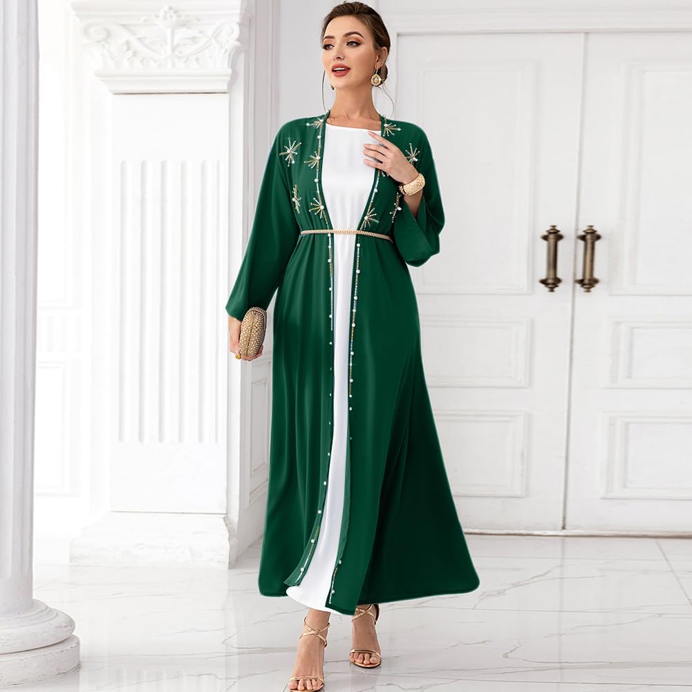 Muslim Abaya Long Sleeve Open Front Rhinestones Kaftan Cardigan Maxi Dress for Women with Belt - Image 4