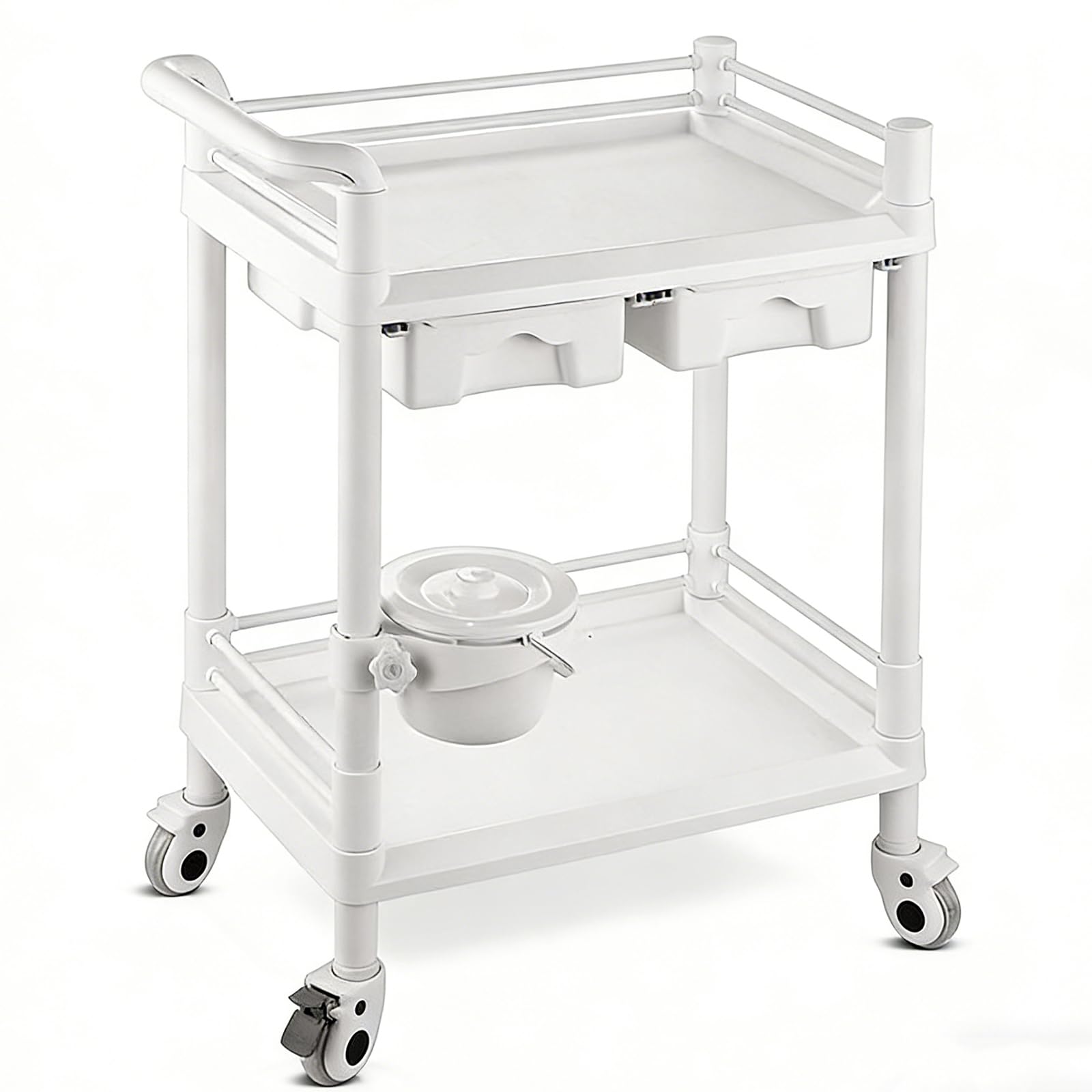 Chariot De Laboratoire à 2 Niveaux, Chariot Utilitaire MéDical avec Tiroirs, Chariot MéDical Mobile avec 2 Tiroirs 2 Plateau Et 4 Roues Silencieuses, pour Salon De Beauté, Spa, HôPital,Blanc