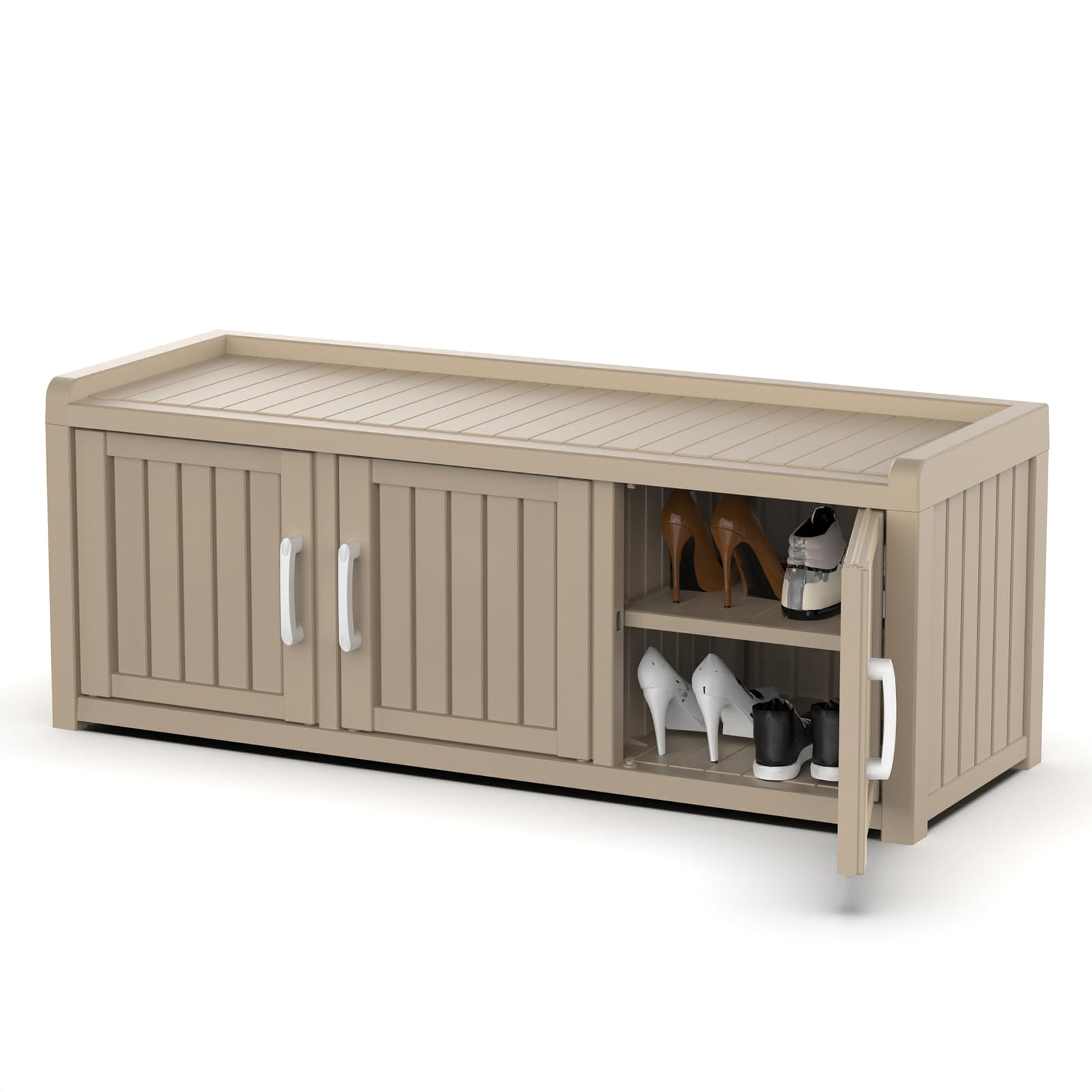 Banc de rangement d'entrée de style industriel avec ses étagères réglables en bois