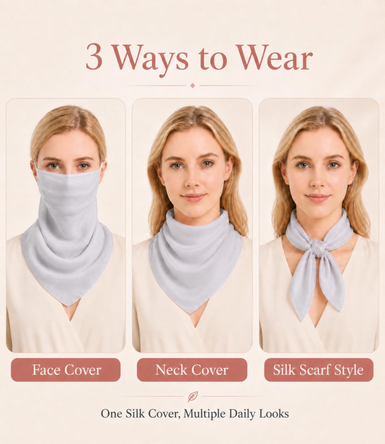 100% Mulberry Silk Face Mask for Women, Reusable Breathable Face Cover with Adjustable Ear Loops, Soft Satin Mask