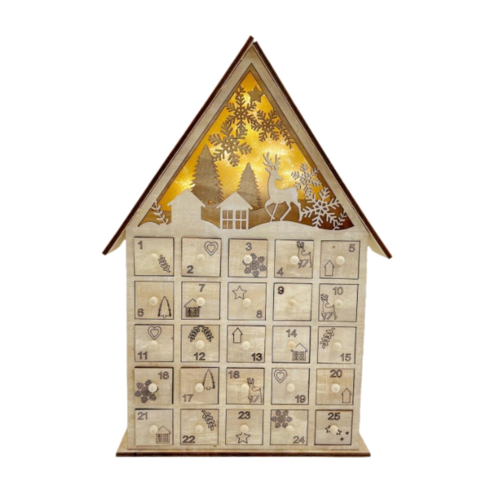 Calendario de Adviento de Madera, Decoración Navideña 2024, Iluminado, Ideal para Fiestas O para Colocar en La Mesa de Centro del Salón.