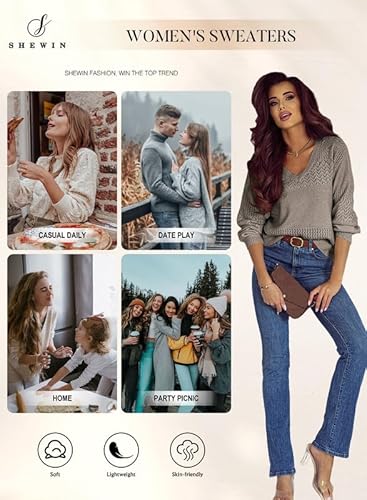 Shewin Womens Lightweight Sweaters Casual Long Sleeve V Neck Crochet Sweater Tops Cable Knit Pullover Jumper Fall Clothes For Women 2024 thumb #4