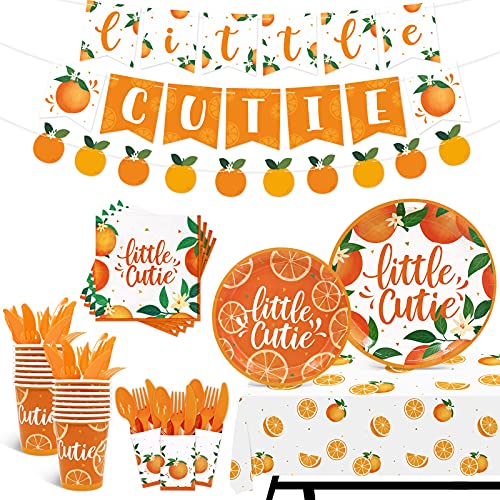 Orange Baby Shower Plates, Orange Theme Party Supplies With Neutral Little Cutie Banner And Cutlery, Birthday Tableware Sets For Kids, Serve 20 #TOP5