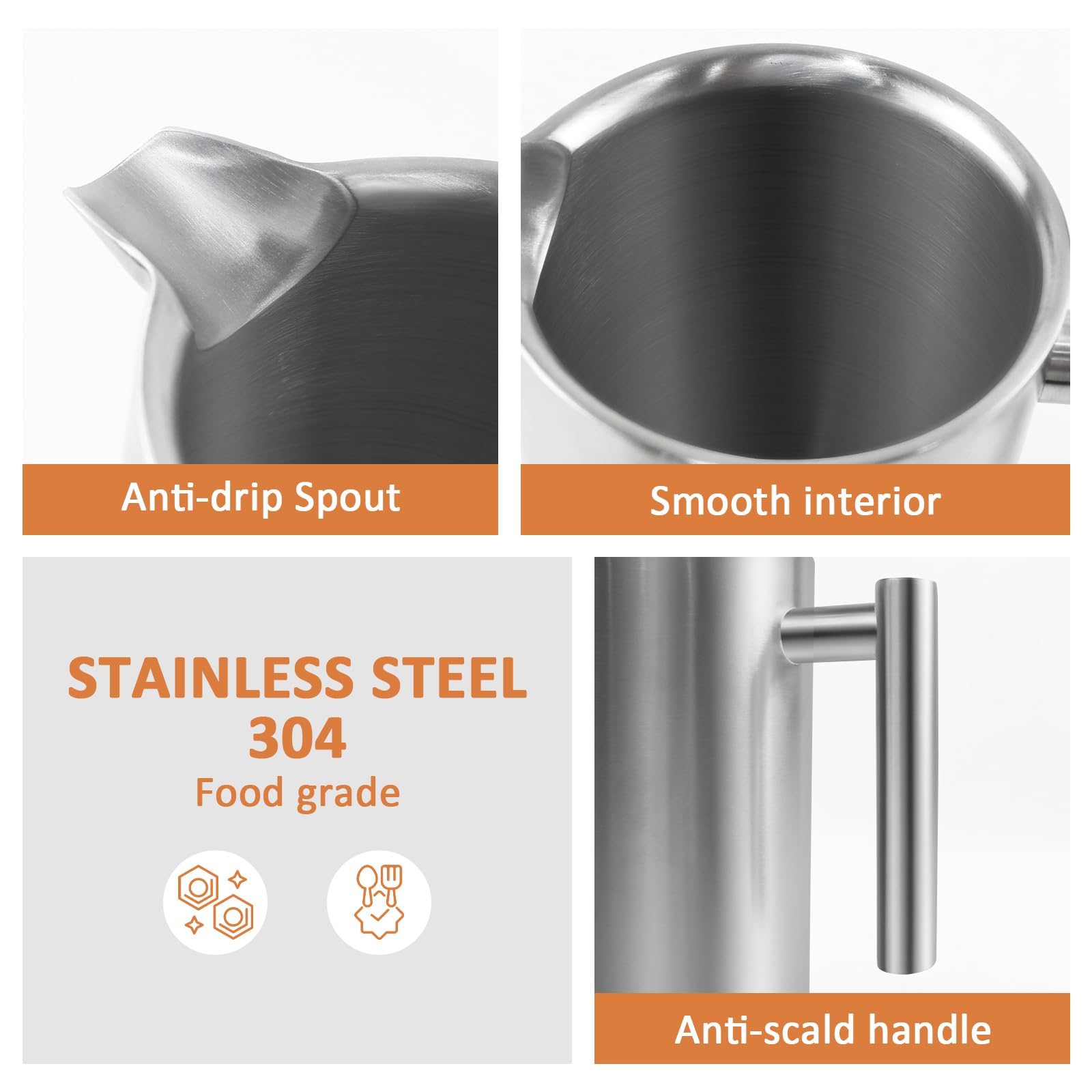 French Press Caffettiera pistone filtro in acciaio inossidabile caffè americano macchina per caffè o tè - 1000ml / 8 tazze