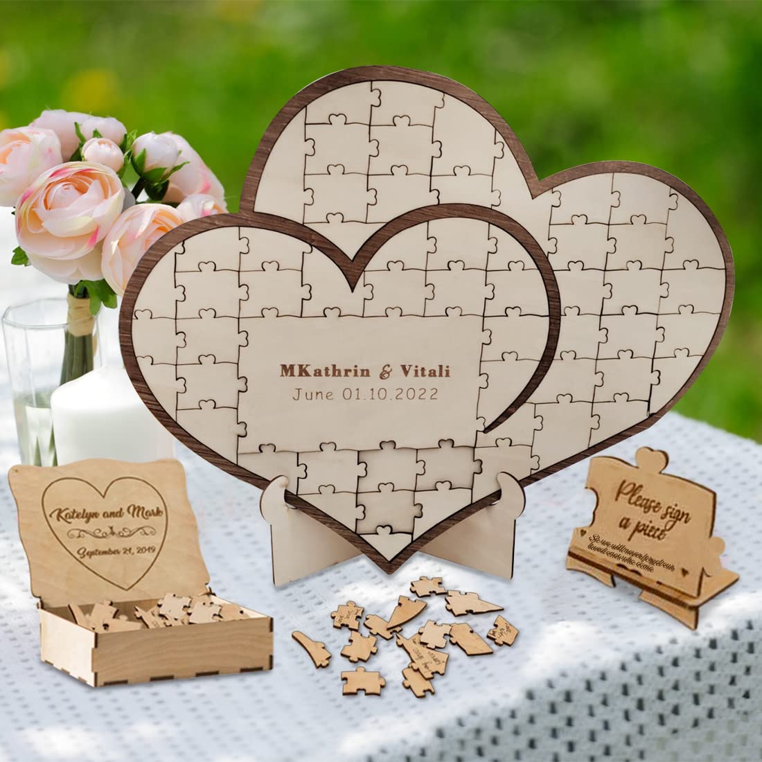 ZHONGXIN Coeurs en Bois Livre d'or de Mariage, Cadre en Bois gravée