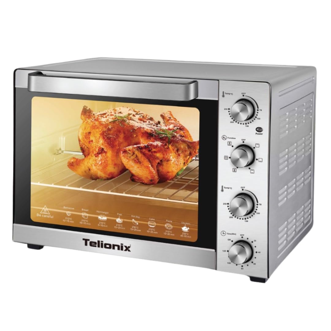 تيليونيكس Telionix 70L Electric Oven, 2200W Stainless Steel, 120-Min Timer with Bell, Adjustable 70-250°C, Convection, Rotisserie, 4 Control Knobs, for Baking Bread and Cake, Roasting, Grilling (70L)