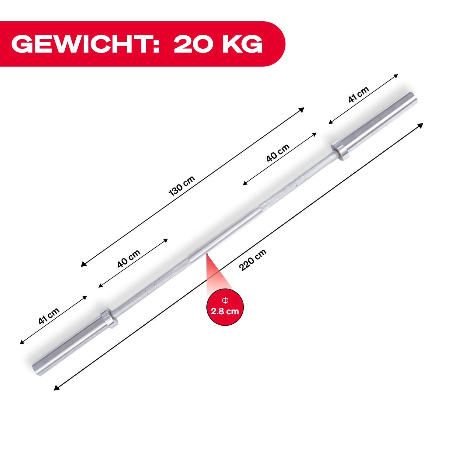 Sportstech Olympische Langhantelstange, bis 315 kg, 33mm, Federverschluss, perfekt für Hantelscheiben, Stahl, verchromt, gerändelte Griffflächen, Länge 22cm, 20kg, Home Gym, Deutsche Qualitätsmarke