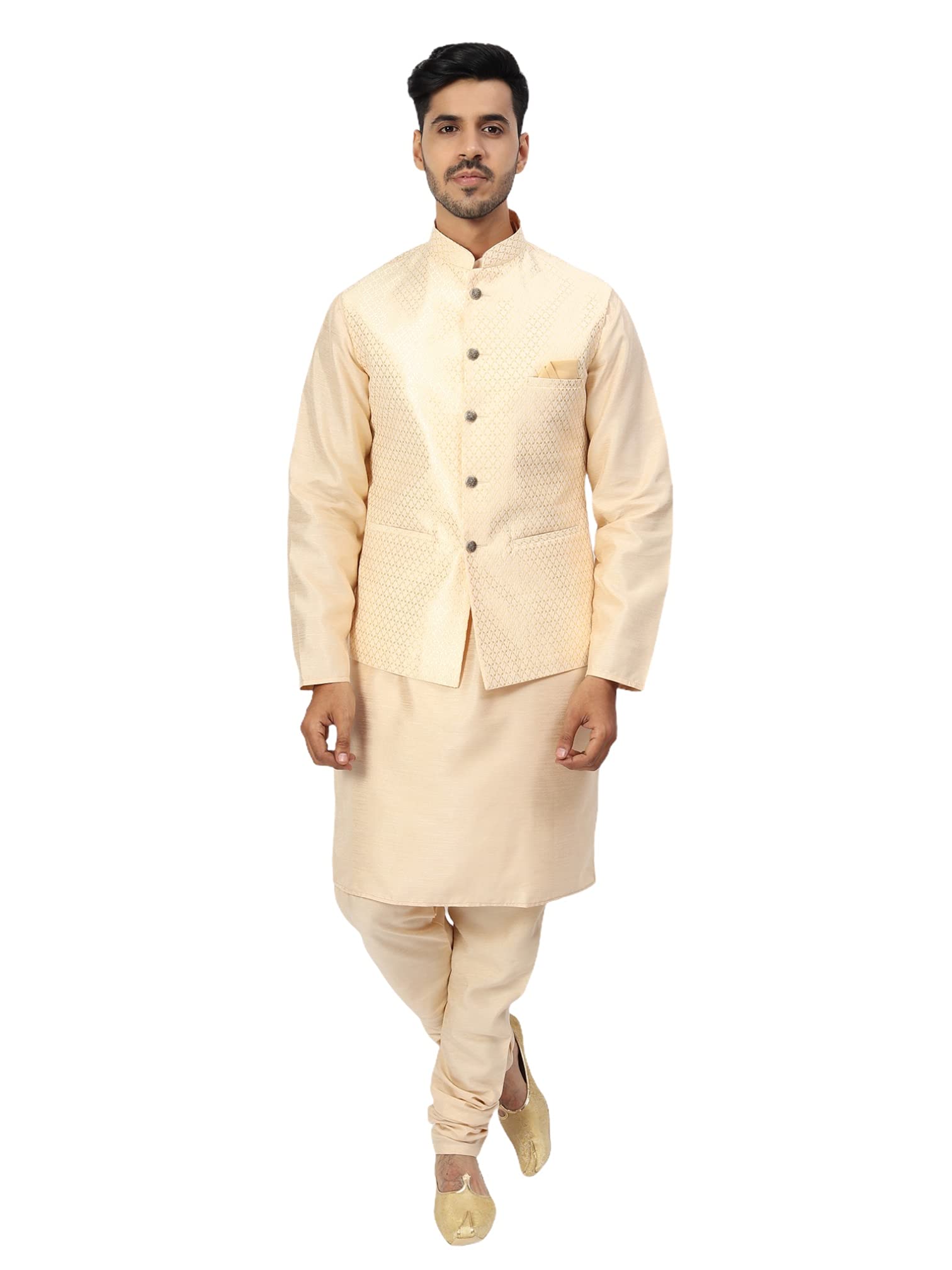 Uri and MacKenzie Men's Silk Blend Regular Kurta Churidar Pyjama with Bundi Nehru Jacket/Waistcoat