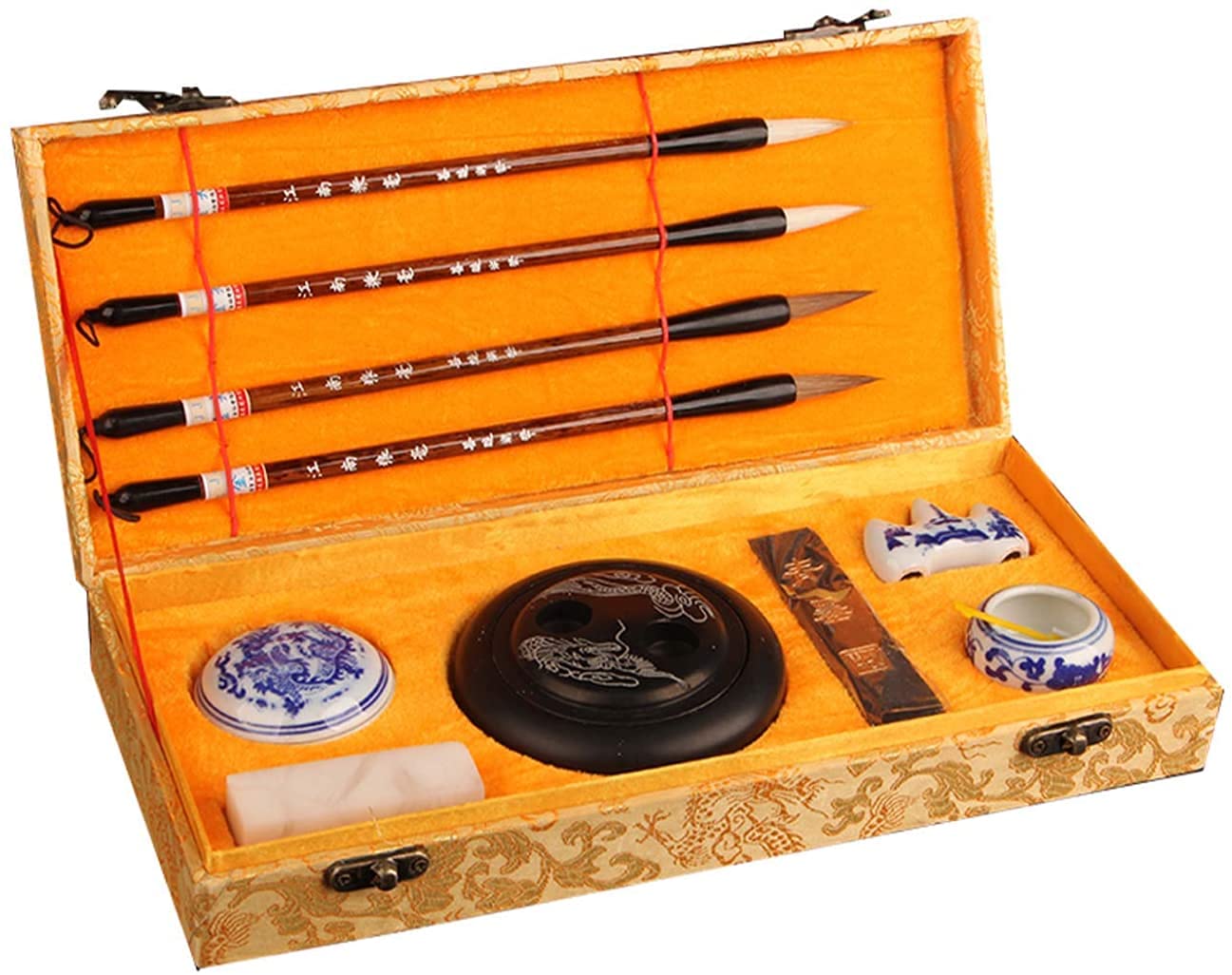 costume d'écriture chinoise, Pinceau de calligraphie chinoise, stylos pinceaux, stylos de calligraphie, ensemble de calligraphie traditionnelle, ensemble de calligraphie traditionnelle chinoise jaune,