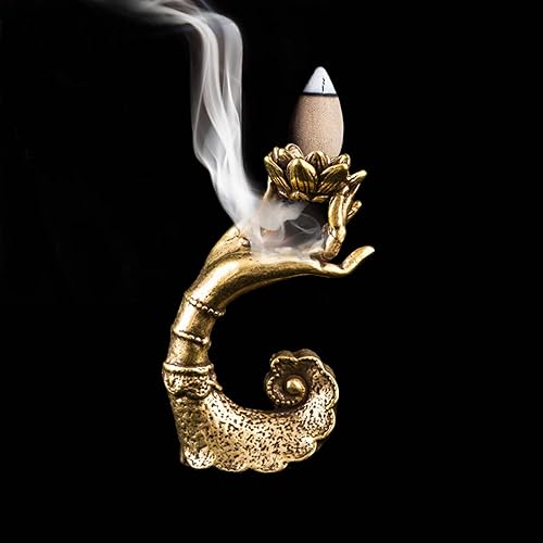 Soporte de incienso vintage de reflujo, quemador de conos de incienso de loto de cobre, quemador de incienso de mano de Buda para sala de estar,
