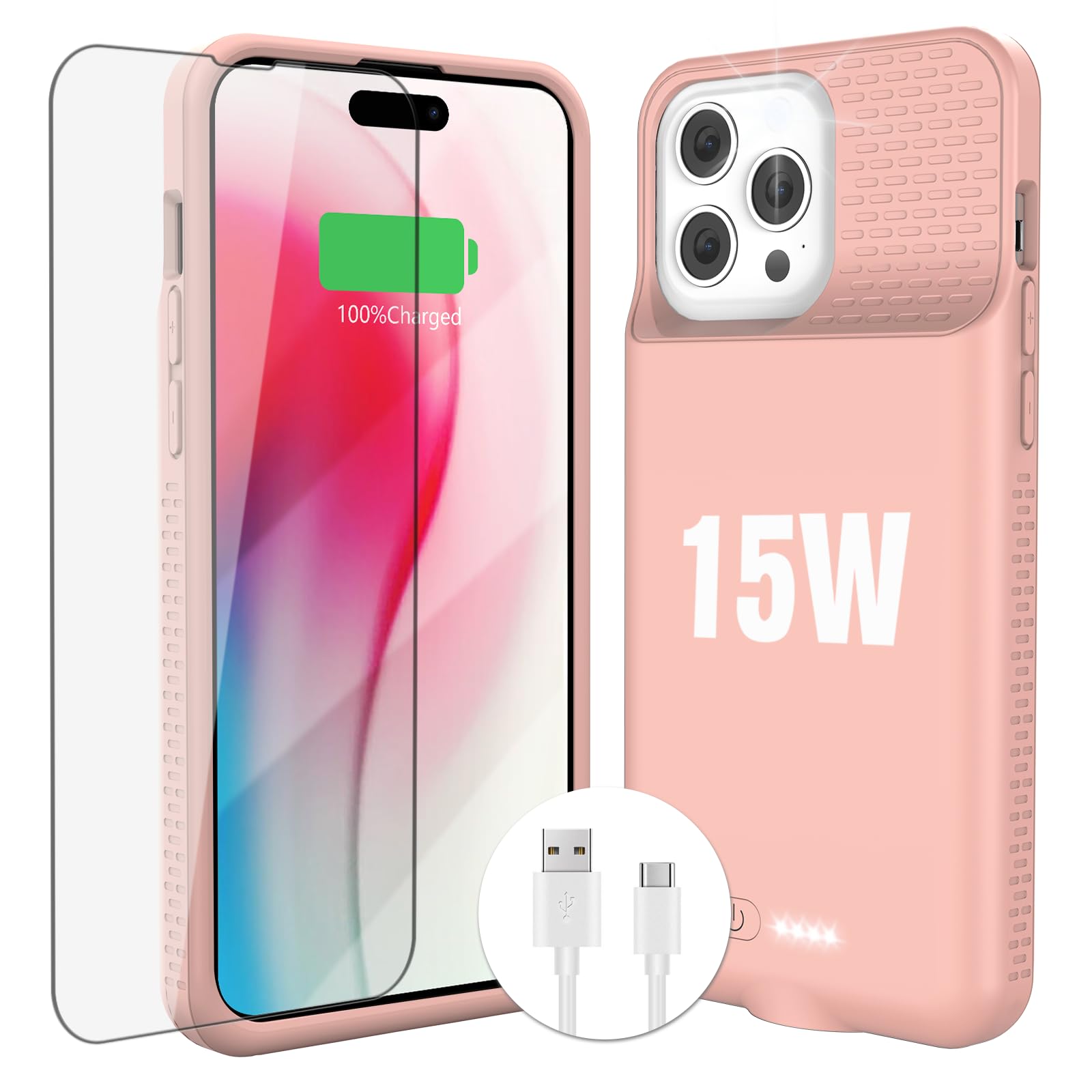 15W Fast Charging Case for iPhone 15/15 Pro,Real 7000mAh Smart Battery Charger Case with TPU Anti-Slip Design and Anti-Abrasion Flocking for iPhone 15/15 Pro-6.1 inch Pink