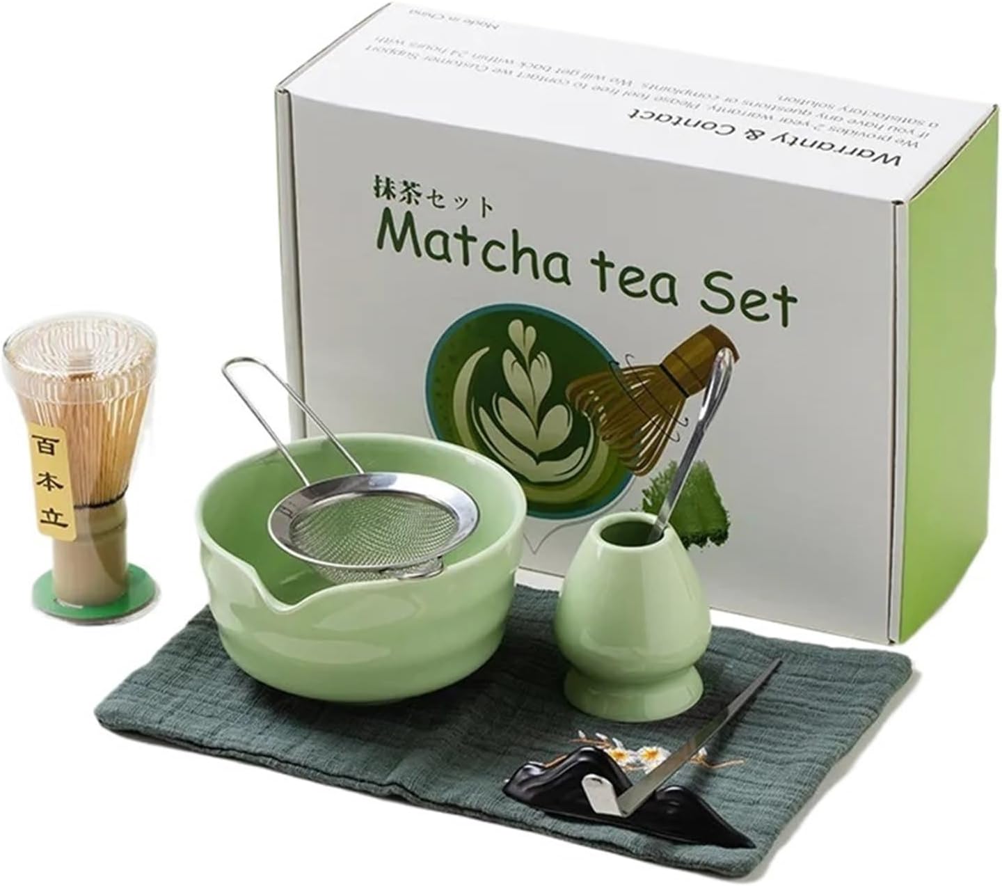 4/5/7 Piece ripple Matcha Kits Tea Set Ceramic Bowl Glass Bring a cup Bamboo Stand Chasen Matcha Tea Gift Box(Green - 5-piece Set)
