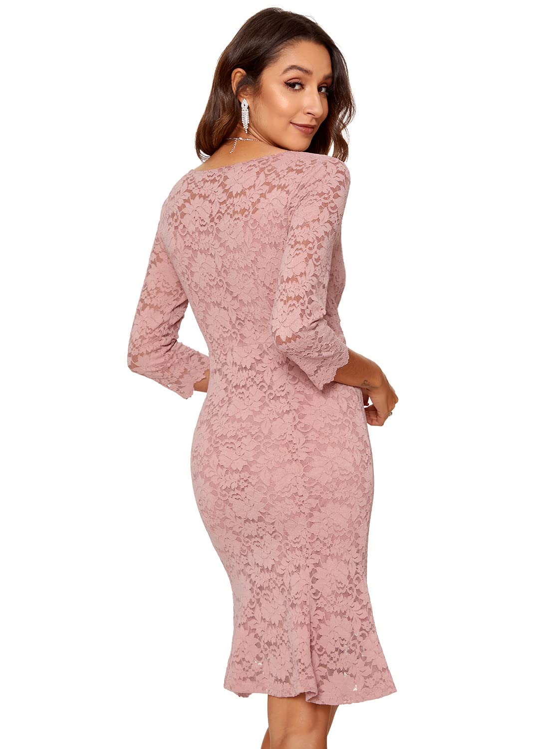 Atnlewhi Abito da donna con maniche a 3/4 con scollo a V, da sera formale, lunghezza al ginocchio, abito vintage in pizzo