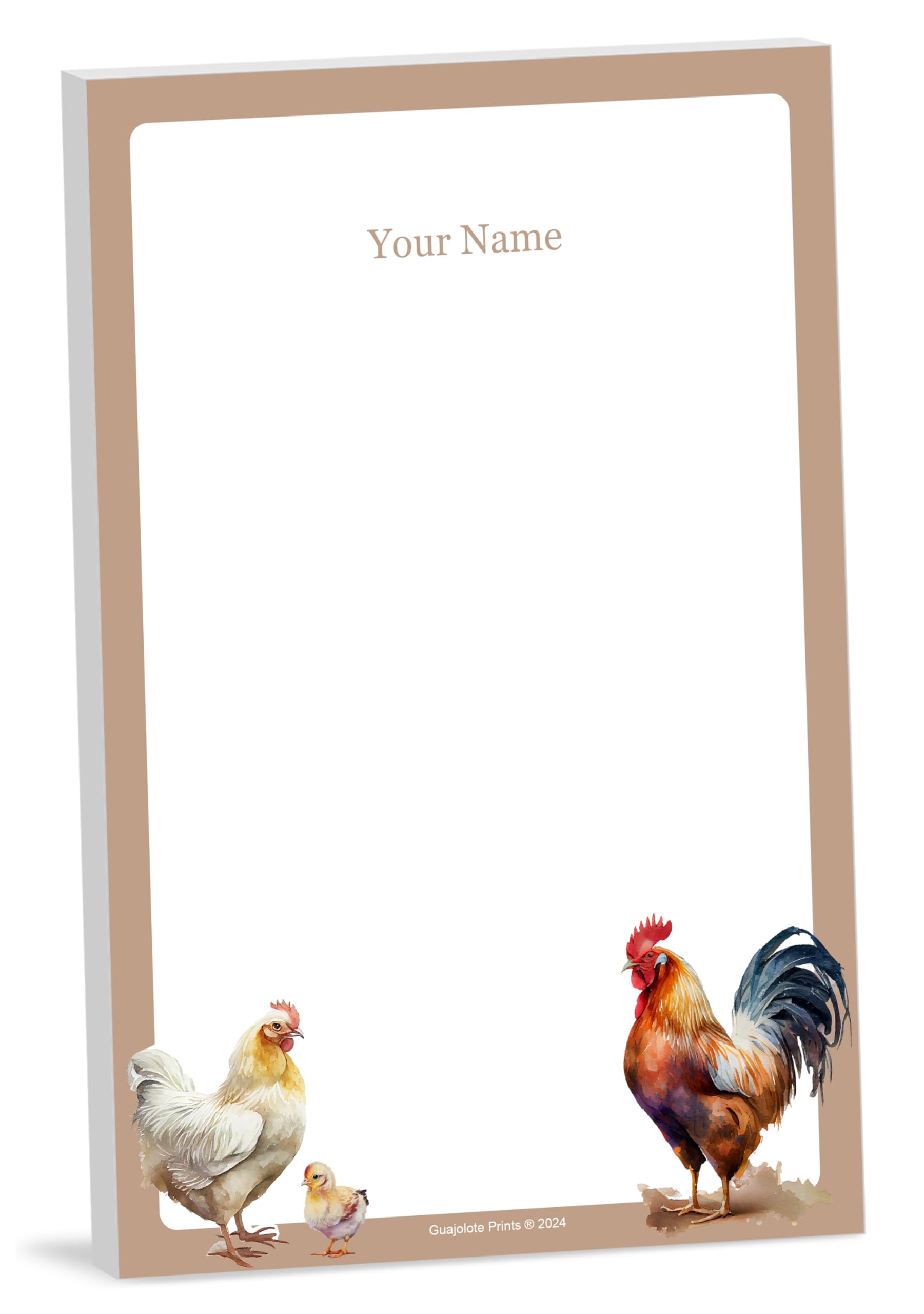 Guajolote Prints Personalized Notepad (Rooster and Chicken) Grocery List Memo Pad Custom Printed with Your Name