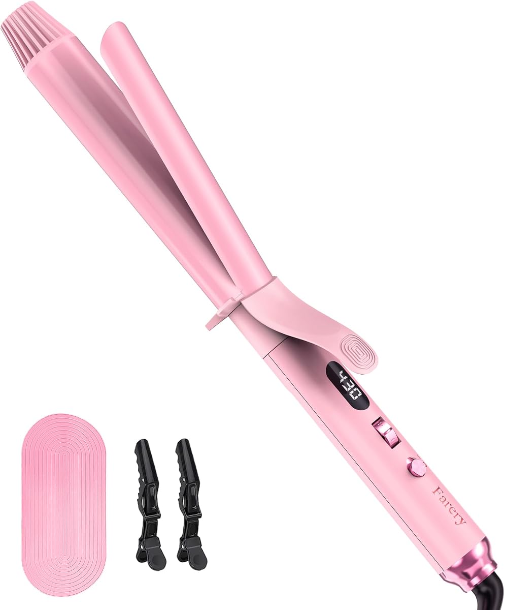 FARERY Long Barrel Curling Iron 1 1/4 inch, 1.25 Inch Curling Iron for Thin Hair, Infused Argan Oil & Keratin, 11 Adjustable Temp, Include Clips & Silicone Pad, Pink