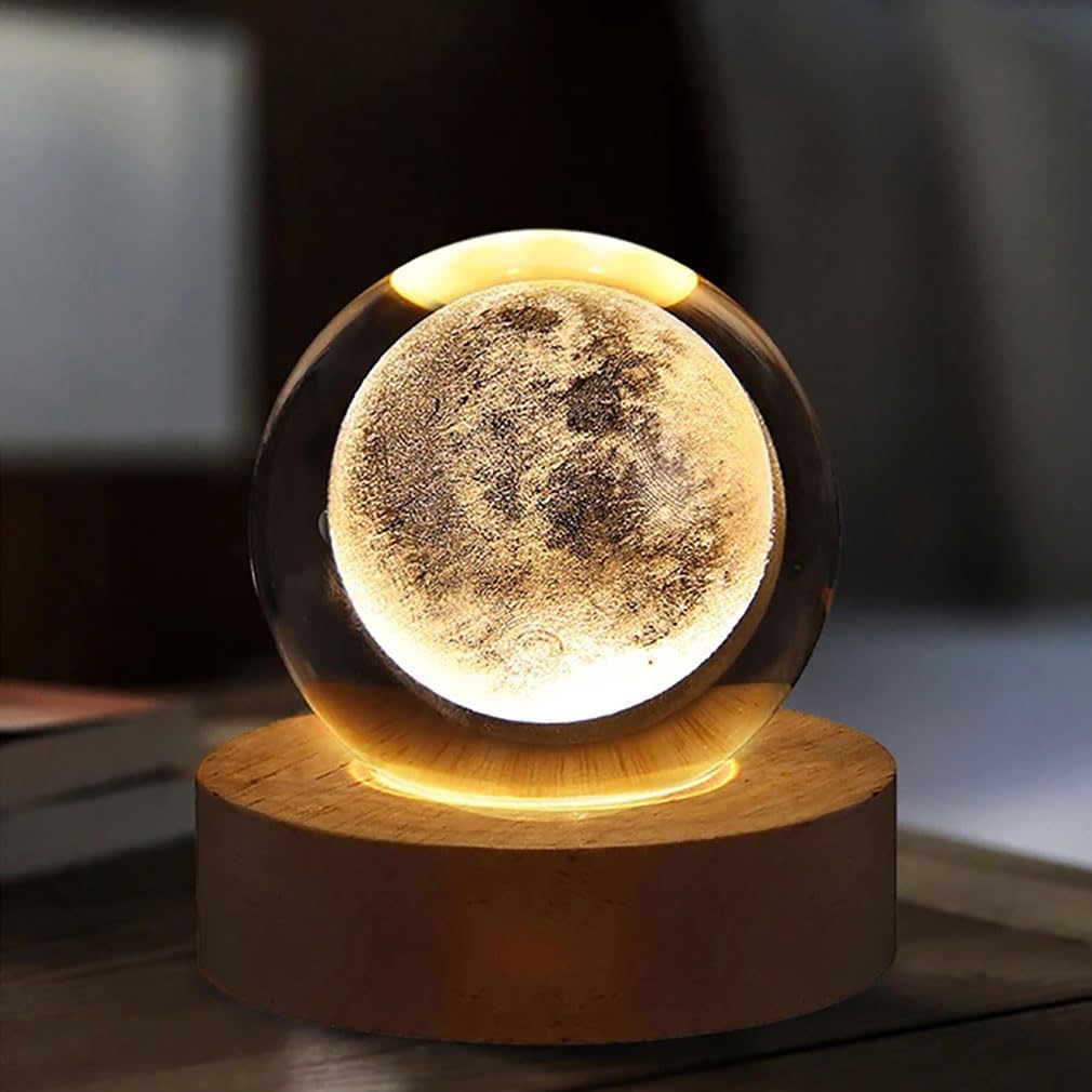 Keeplus Ludo Sphere Lamp, 3D Planet Crystal Ball Night Light with Wooden Base, Solar System Crystal Ball, USB Powered