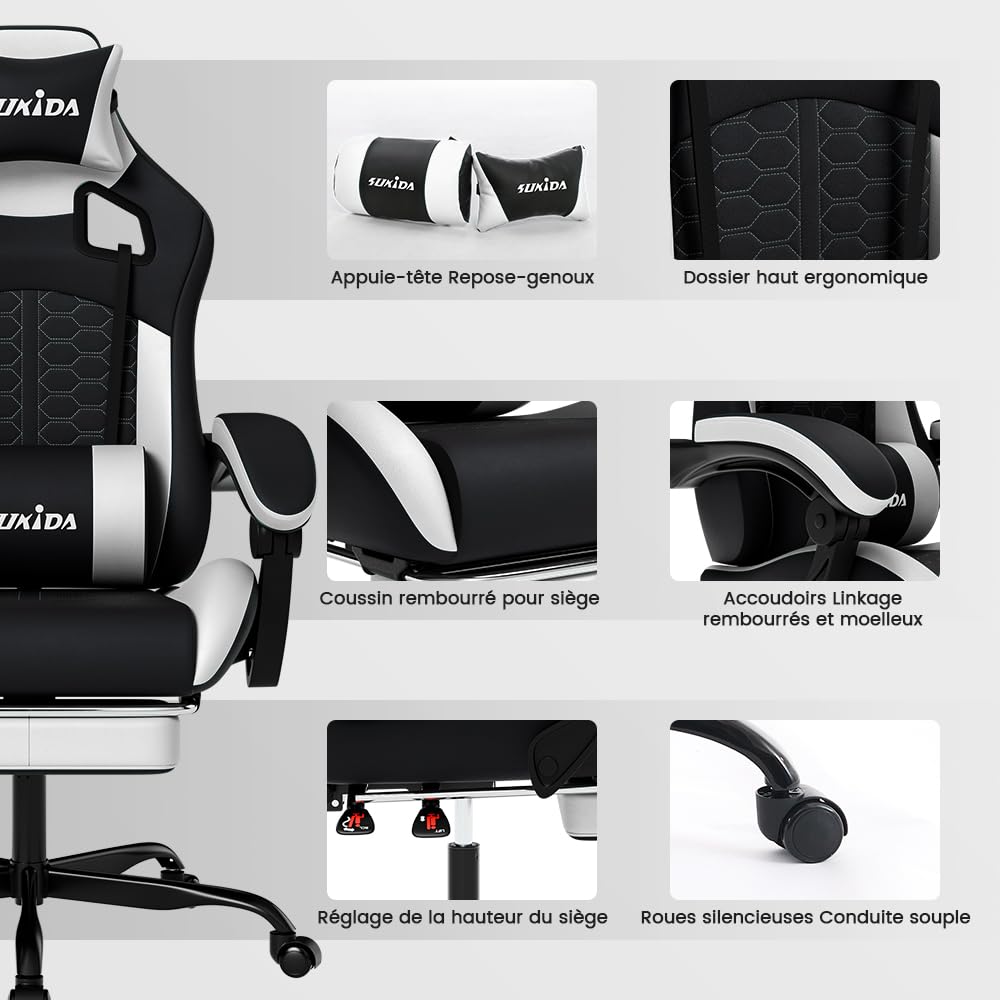 SUKIDA Chaise de Gaming Ergonomique en Cuir synthétique avec Appui-tête et Soutien Lombaire - Jusqu'à 150 kg | Cuir PU respirant, Appuie-Tête et Soutien Lombaire inclus, Dossier Inclinable 90°-135°, Idéal pour Gaming et Home Office