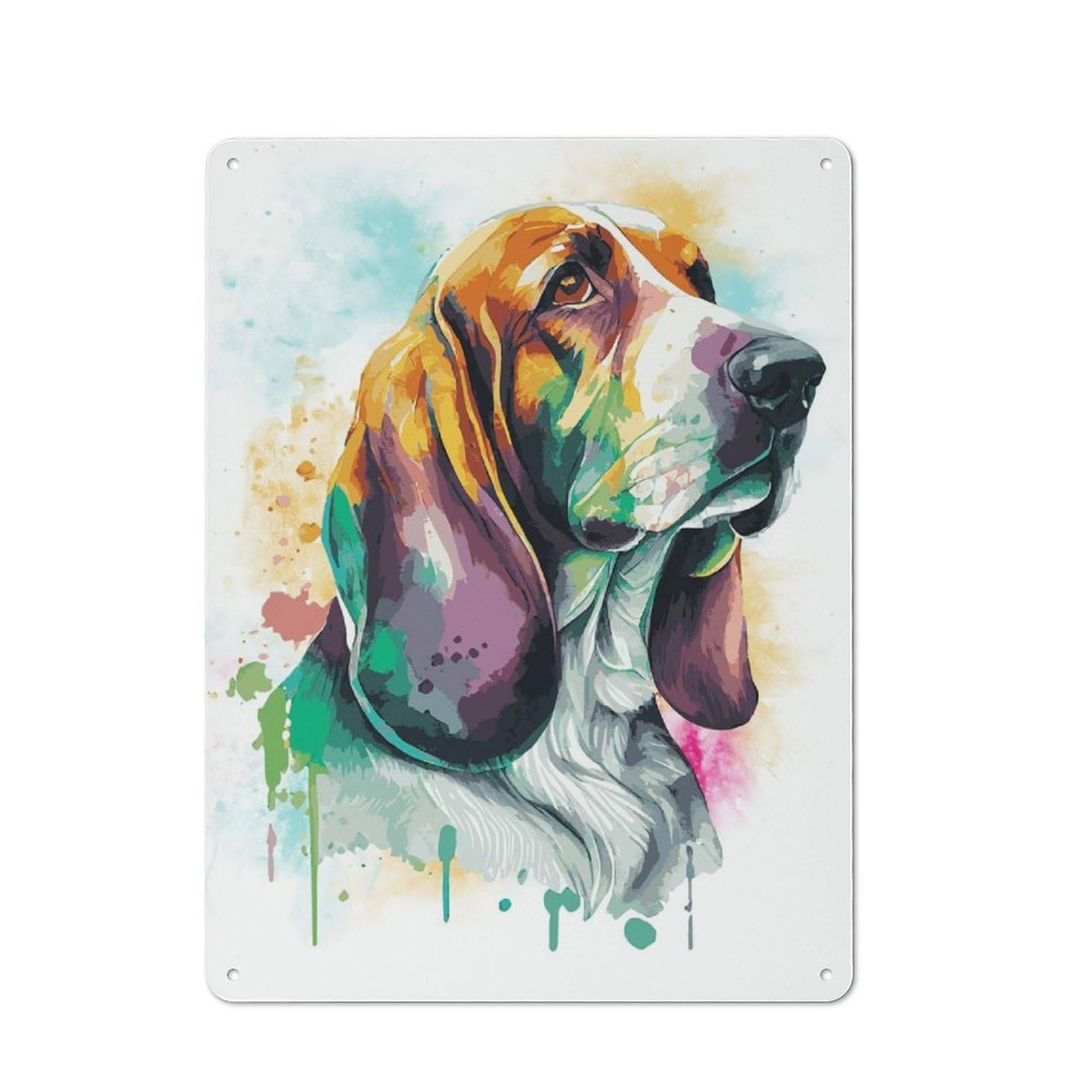 Metal Plaque with Watercolor Basset Hound Design 40x30cm, Vintage Bistro Wall Plaque for Coffee Bar, Kitchen, Bistro Or Tea Corner