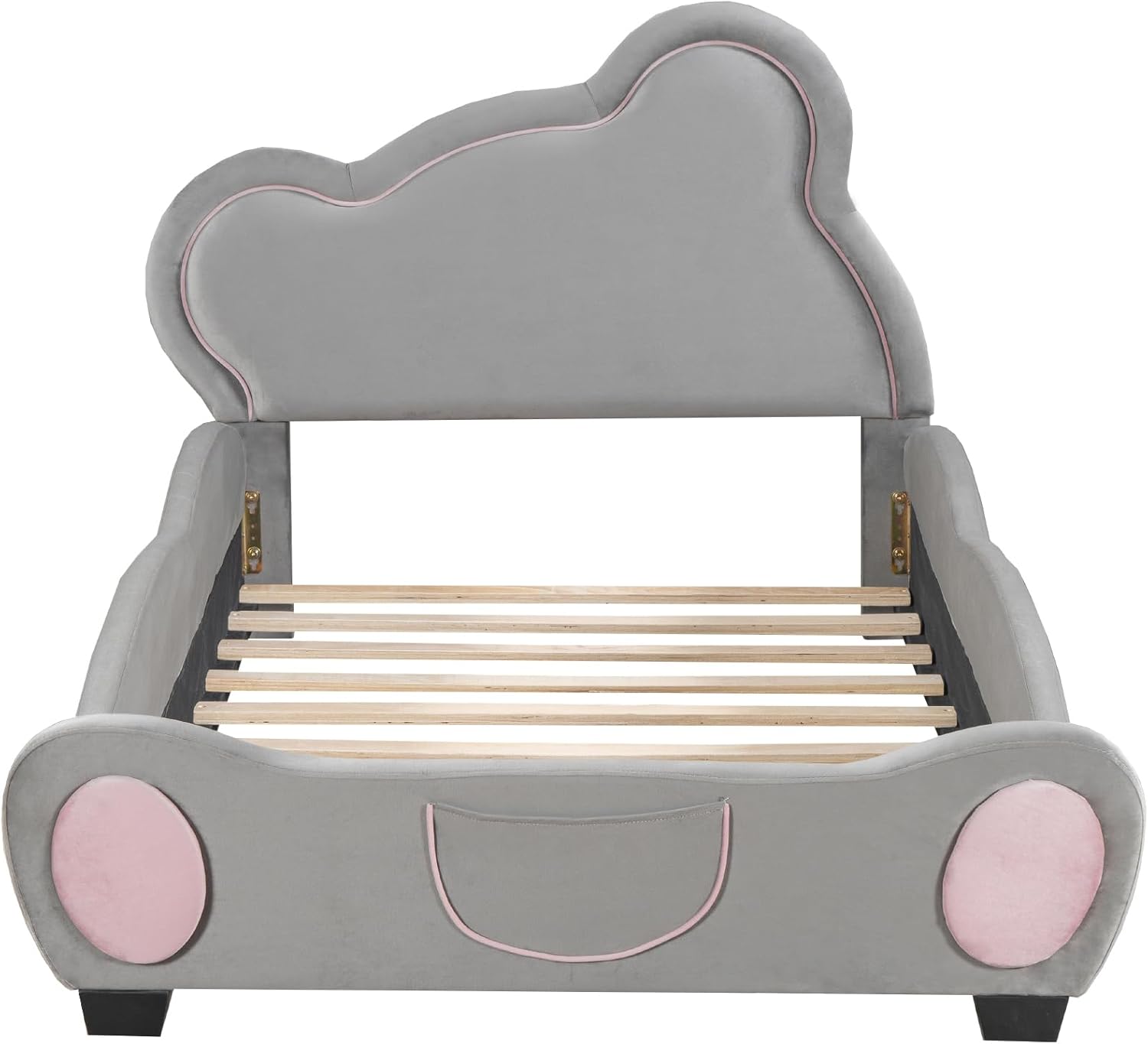 SOFTSEA Twin Size Velvet Platform Bed with Bear Shaped Headboard and Bed-End Storage Pocket for Boys and Girls, No Spring Box Needed, Easy Assembly, Grey