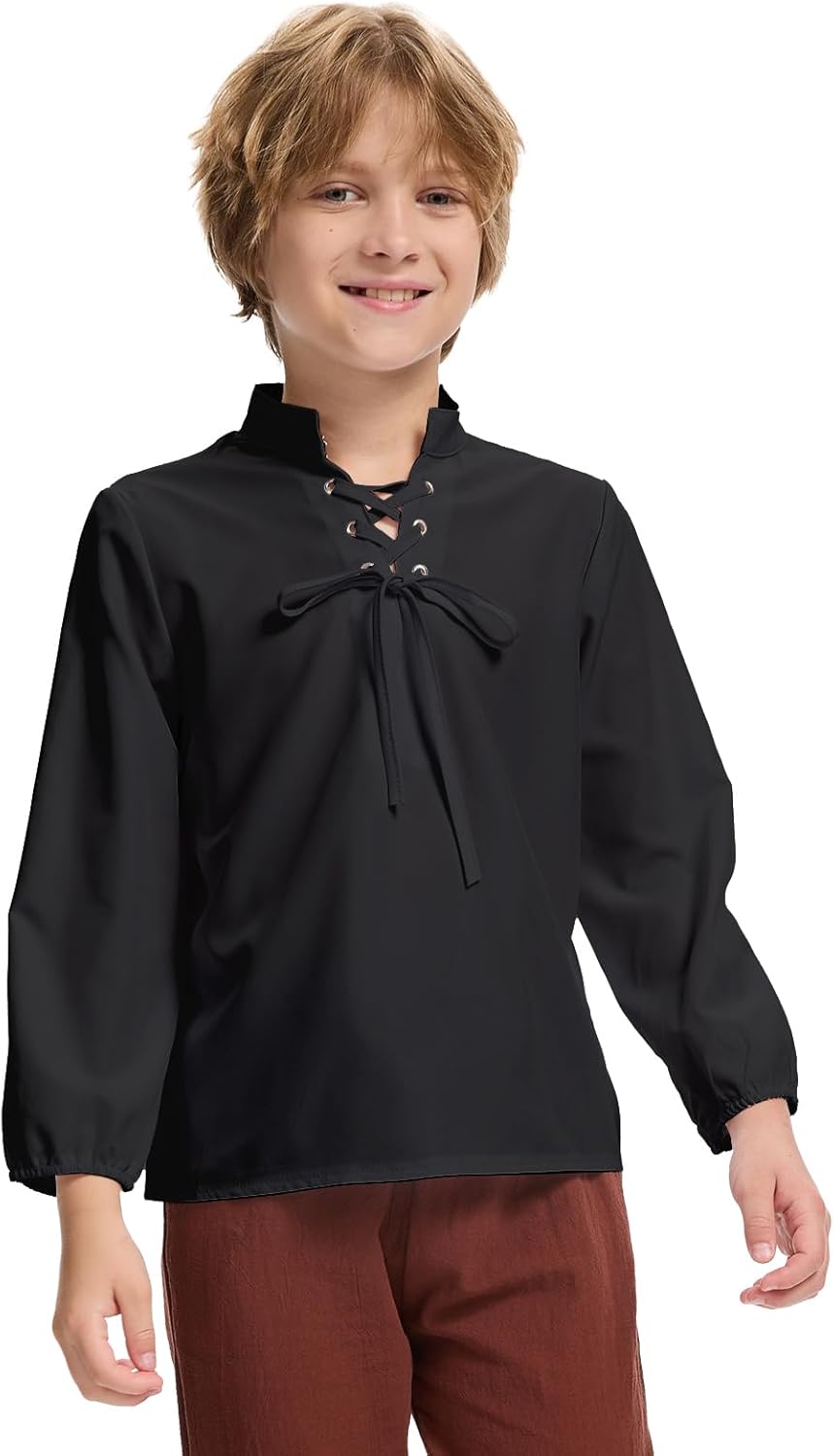 Boys Medieval Pirate Shirt Kids Renaissance Long Sleeve Lace Up Shirt Viking Gothic Halloween Costume Top - Image 4