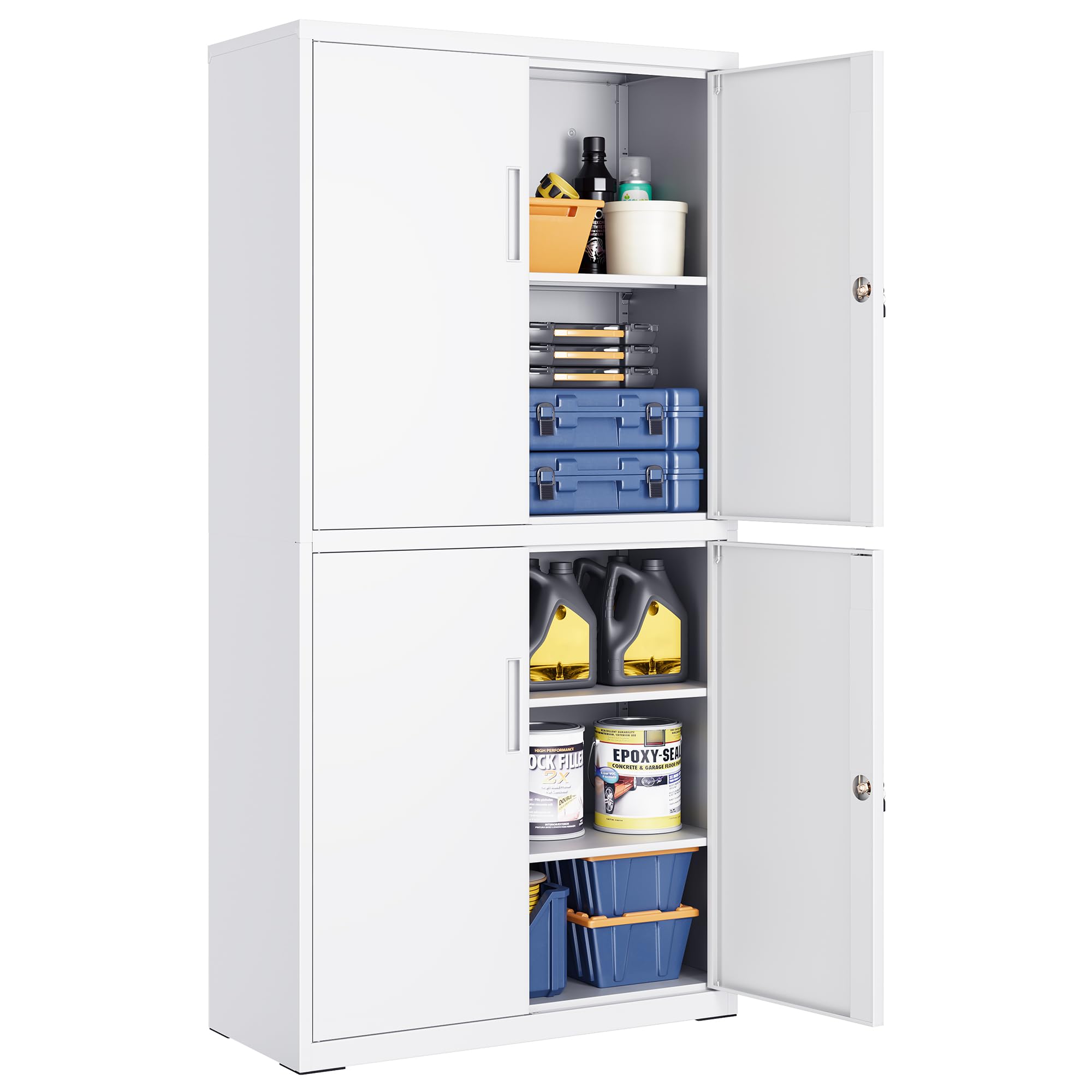 SONGMICS Aktenschrank, Mehrzweckschrank, Büroschrank, mit 4 Türen und 5 Ebenen, 40 x 80 x 180 cm, 2 Schlösser, verstellbare Ablagen, Aufbewahrungsschrank aus Stahl, mattweiß OMC016WG01