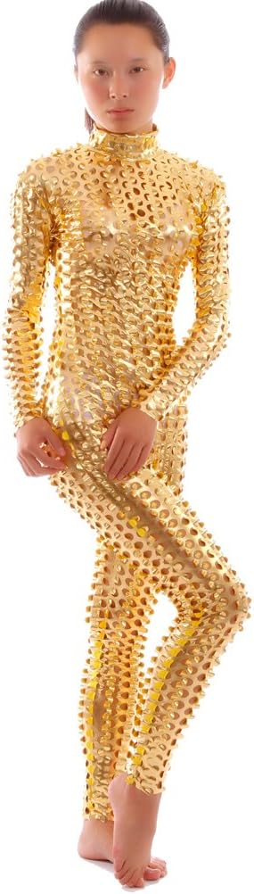 Seeksmile Unisex Hollow-Carved Shiny Dancewear Catsuit Bodysuit