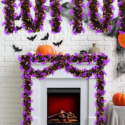 Image of 50 FT Halloween Tinsel Garland, Glitter Tinsel Garlands with Black Orange Purple Bat, Metallic Holiday Hanging Streamers for Halloween Party Supplies Indoor Outdoor Decoration