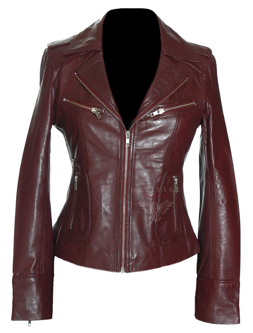 H.E Rachel Maroon Ladies Biker Style Smart Retro Designer Real Soft Washed Lambskin Leather Short Fashion Jacket (Sizes: 8 to 22 Available) (Size: 8)
