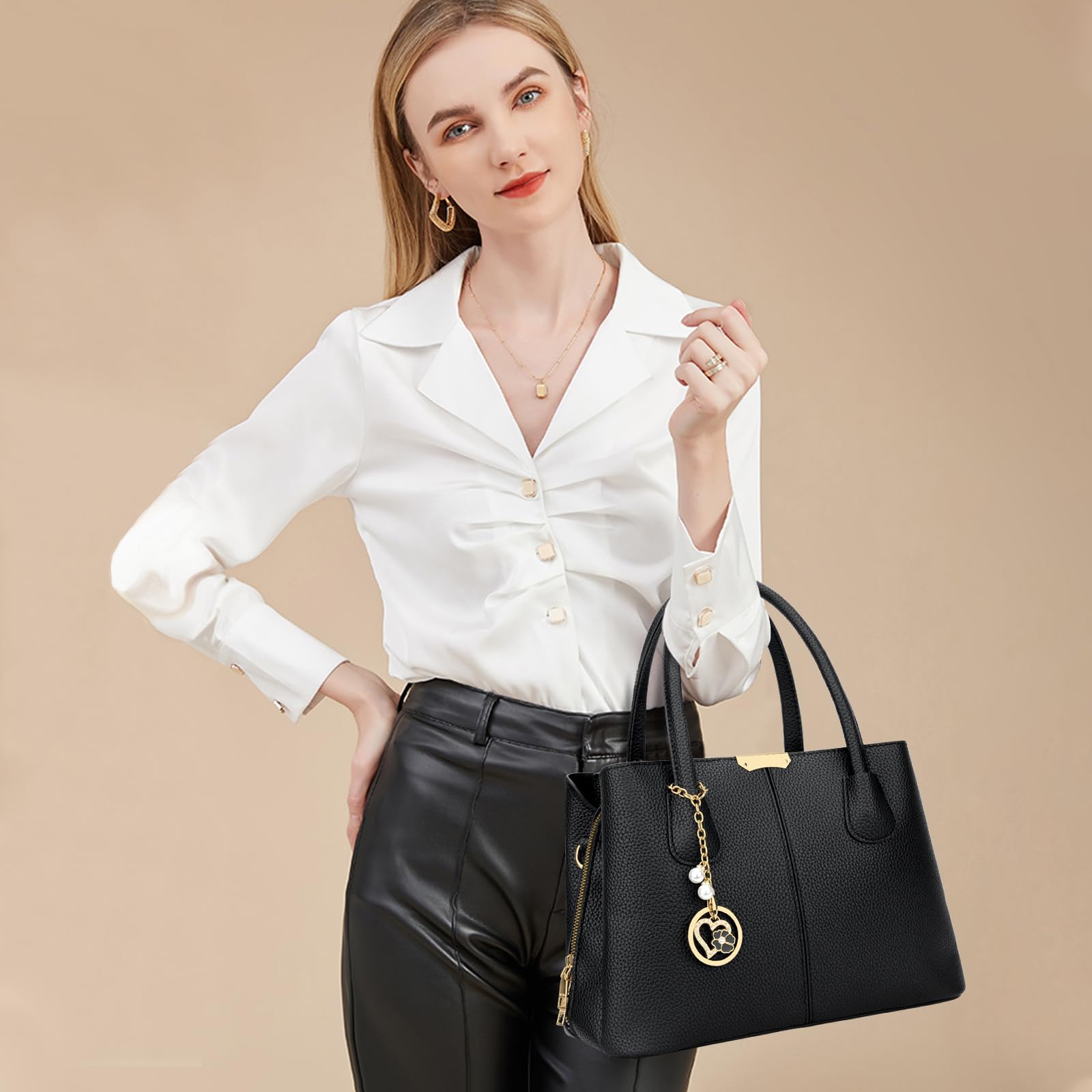 KKXIU 3 Compartments Purses and Handbags for Women Top Handle Satchel Shoulder Ladies Tote Bags (Z-Black)