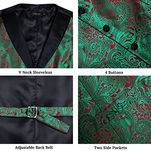 Image of DiBanGu Mens Paisley Vest Silk Sleeveless Suit Vest and Neck Tie Pocket Square Cufflinks Set for Wedding Formal