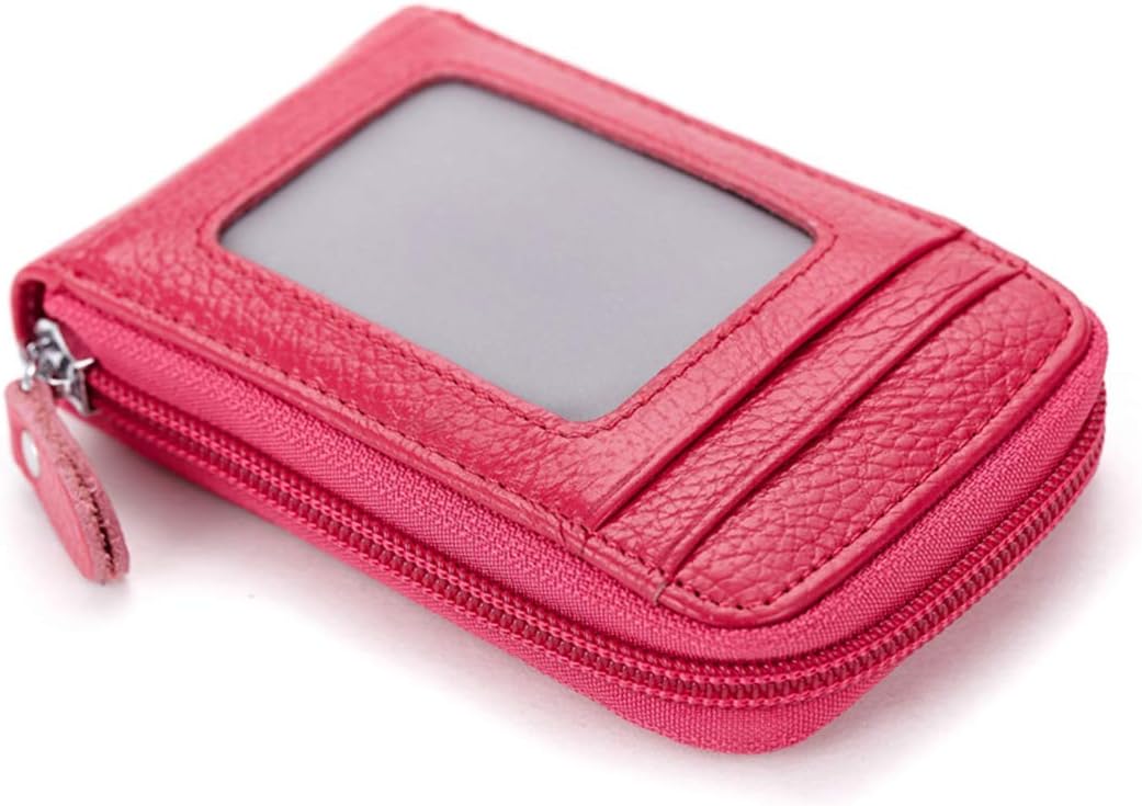 BAKUN Premium Leather Slim Zipper Business/Credit Card Wallet Case Holder with Clear Photo Slot, Security Travel Wallet(Red)