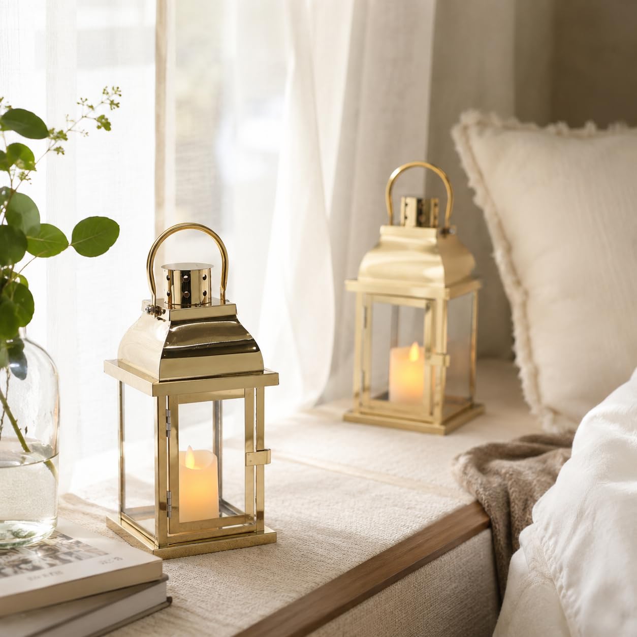 TRIROCKS Windlicht Laterne 2er Set Gold, 25 cm Kerzenlaterne aus Metall & Glas, Deko Laternen für Tisch, Balkon, Terrasse, Hochzeit, Wohnzimmer, Innen & geschützten Außenbereich, ohne Kerzen
