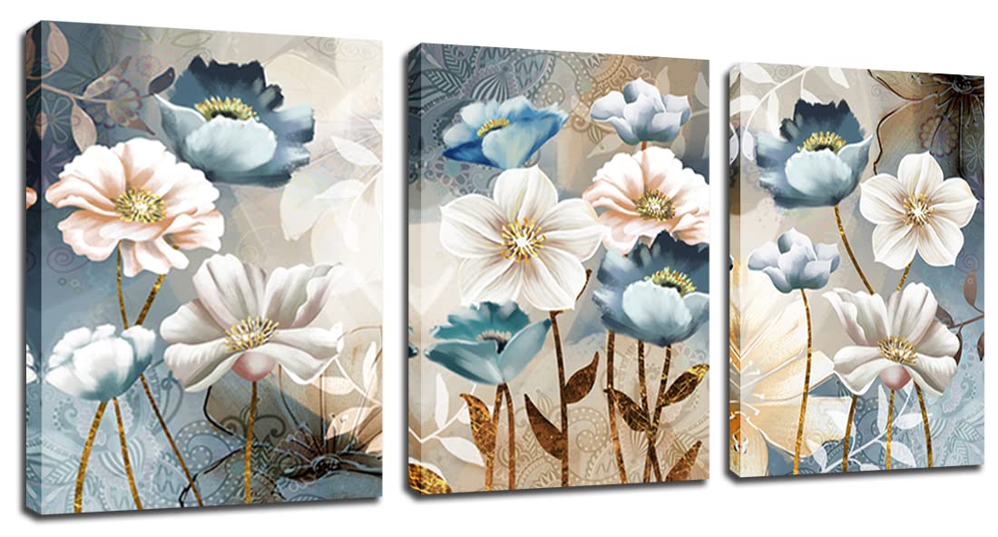 RUIFENGL Flower Picture Canvas Prints Wall Art Abstract Blue White Floral for Bedroom Bathroom Living Room Dining Room Kitchen Home Decor Paintings Artwork Office Posters Decoration 12"x16"x3 Panels