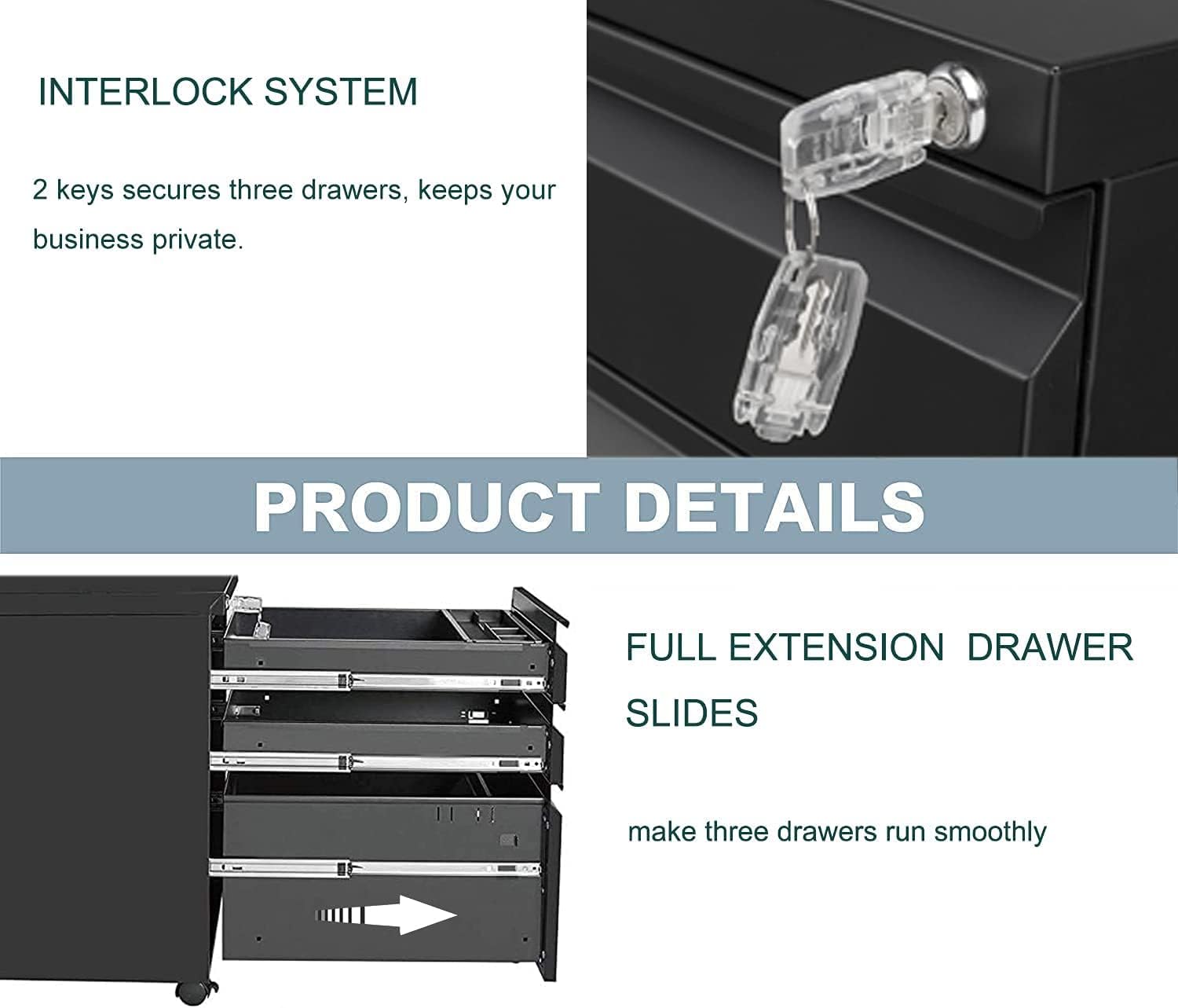 Yiguo 3-Drawer Mobile File Cabinet with Lock, Rolling Office File Cabinet Under Desk, Metal Filing Cabinet with Wheels for Legal Letter A4 File Size (Black)