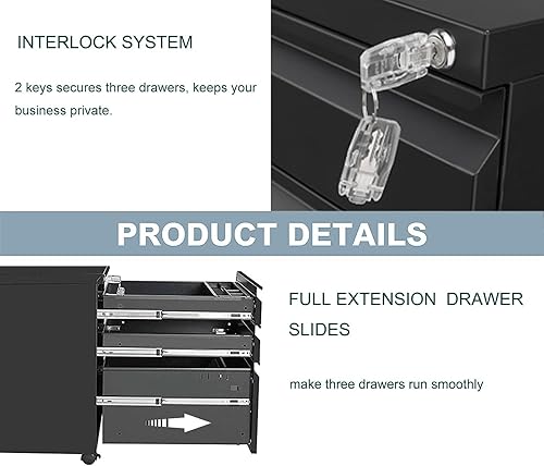 Miniatura 4 de Yiguo - Archivador móvil de 3 cajones con cerradura, archivador de oficina con ruedas debajo del escritorio, archivador de metal con ruedas para