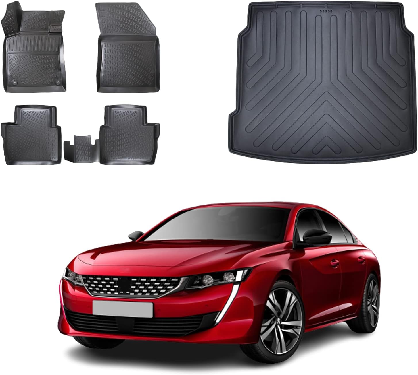 Floor Mats & Cargo Liner fits Peugeot 508 2019-2022, Custom Fit All-Weather TPE Floor Liners, 3D Laser Measured, Waterproof, Durable, Black (Front, Rear & Cargo Set)