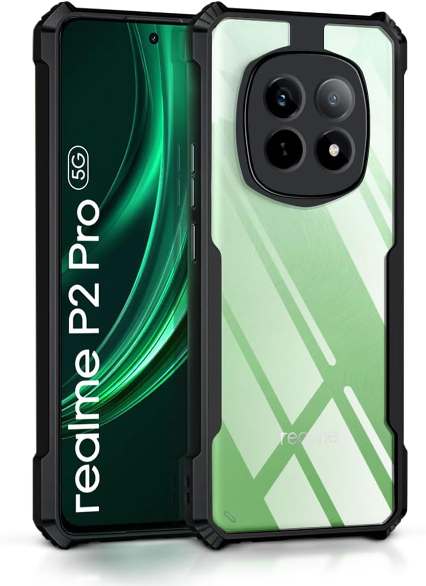 WOW IMAGINE TPU+PC Shock Proof Clear Protective Back Case For Realme P2 Pro 5G - Airedge Technology | 360 Degree Camera Protection | Transparent Hybrid Back Case Mobile Cover - Black