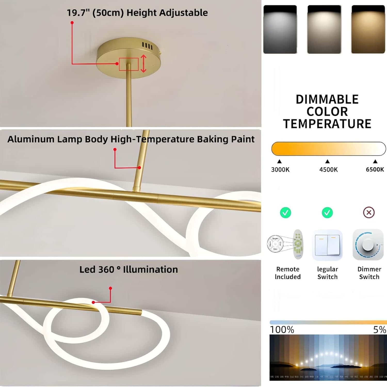 Modern LED Linear Chandelier with Remote Control, Dimmable Adjustable Hanging Light for Kitchen Island, Dining Room, Bar - Gold Finish, 47.2" Length, 3000K-6500K Color Temperature