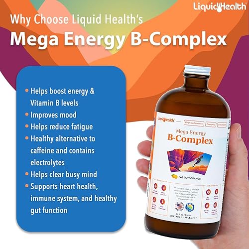 Miniatura 3 de LIQUIDHEALTH Complejo B de 32 onzas líquidas Super Mega Energy Active B Vitaminas Suplementos Bcomplex Methlayted Alivio del estrés vegano gluten