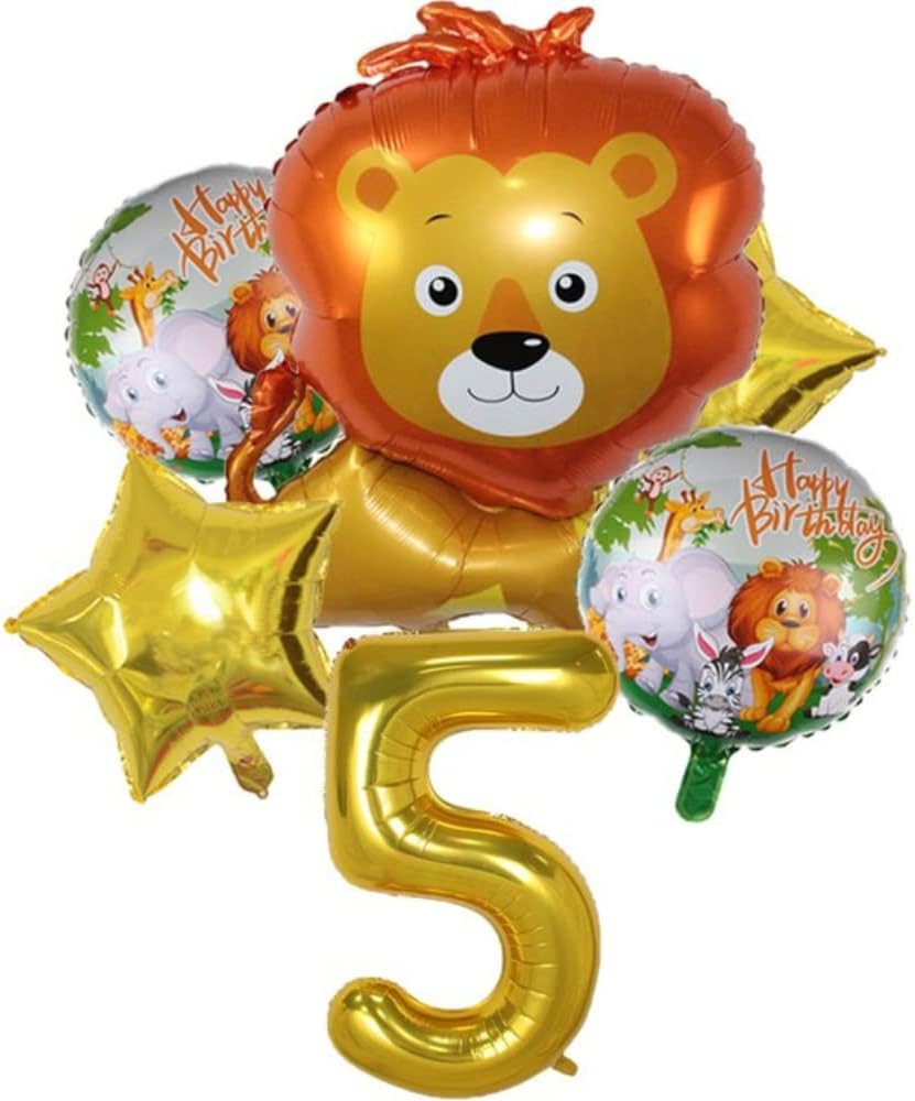 DIWULI Lion Balloon Set - Number 5 Balloon Set Gold Happy Birthday, Safari Balloons Decorations, Sweet Jungle Animal Balloons Zoo Wild Theme Boy Girl, Birthday Party Supplies Globo Cumpleaños