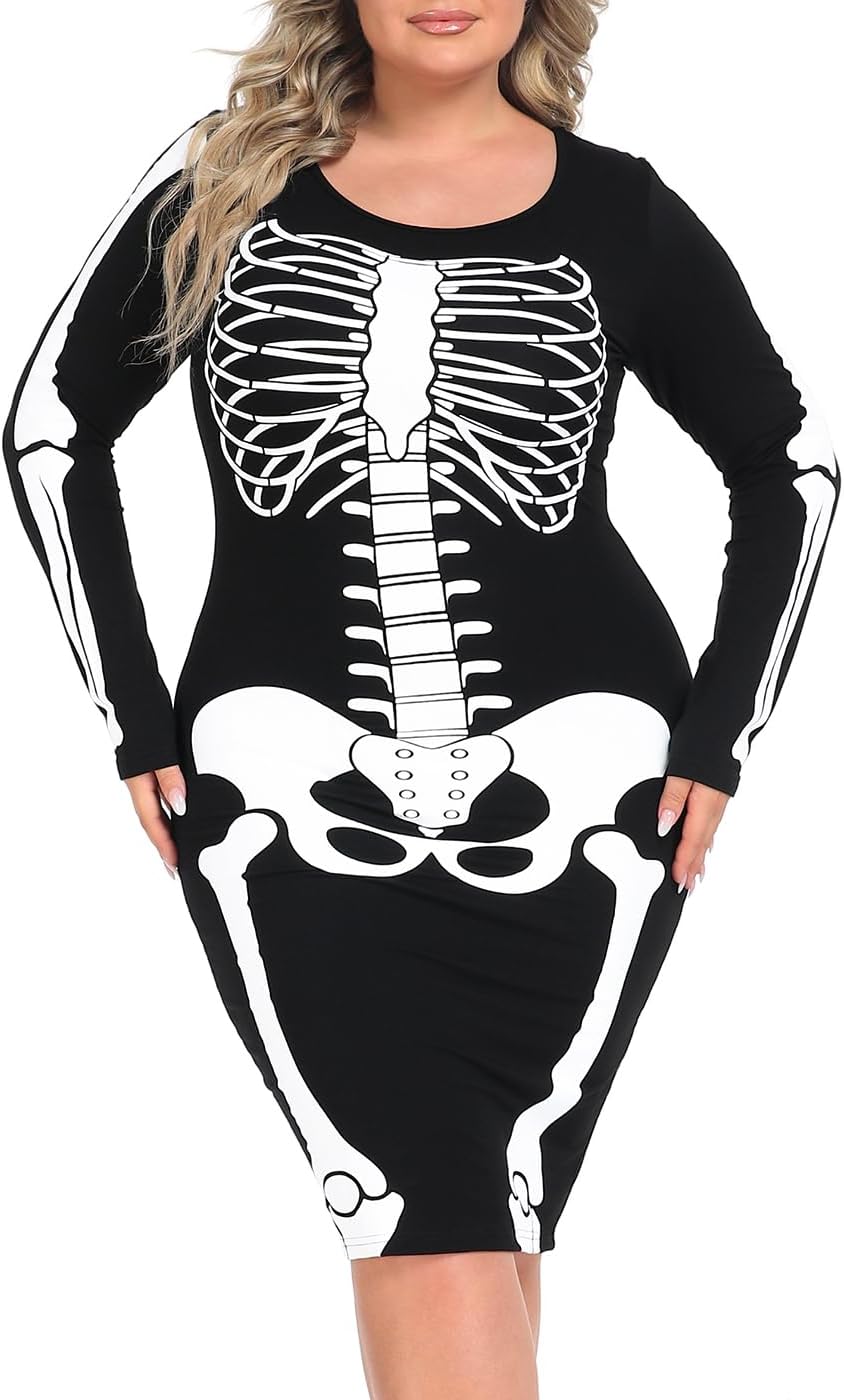 HDE Womens Plus Size Skeleton Dress Fun Spooky Halloween Costume Stretchy Long Sleeve Midi Bodycon Dress Fitted Party Outfit