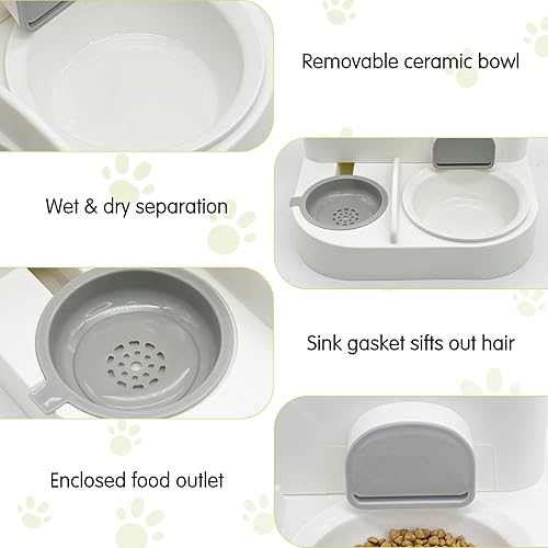 Miniatura 10 de Fhiny Alimentador de gravedad para gatos y dispensador de agua, 2 en 1, bebedero automático para mascotas, juego de cuencos de cerámica
