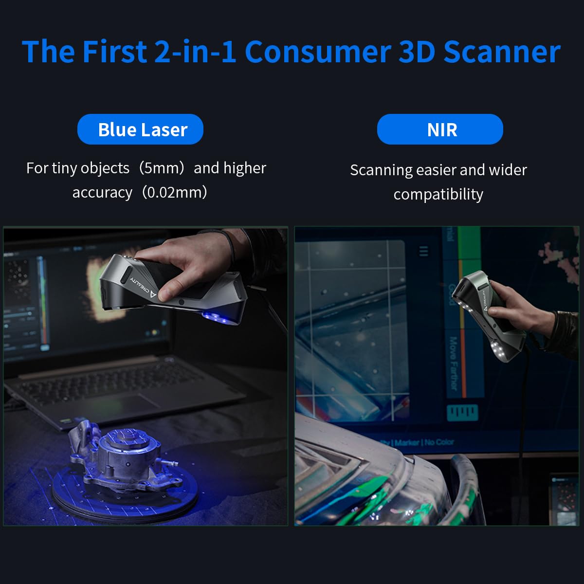 Creality Scanner 3D Raptor avec précision de qualité métrologique de 0,02 mm, 7 laser bleu, suivi anti-secousses, vitesse de numérisation jusqu'à 60 fps