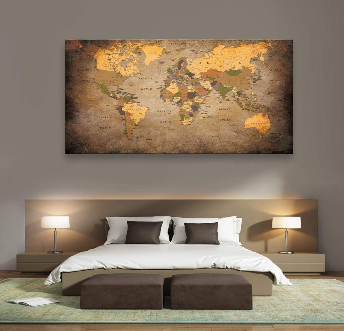 Baisuwallart- 1 Piece Vintage World Map Canvas Prints Wall Art- Ready to Hang - Home Office Decor Picture Prints for Living Room Bedroom Abstract Painting Artwork 30x60inches x1pcs