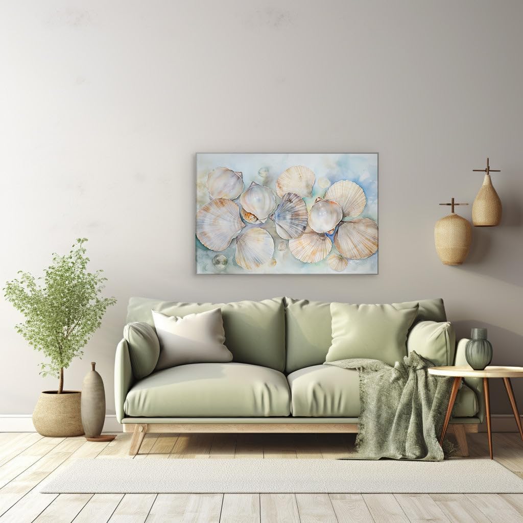Art Wall: Serene Seashell Symphony, a Tranquil Watercolor Display of Oceanic Wonders. Interior Art, Canvas Art Wall, Arts Wall Decoration Size: 69x46 cm (27x18 inch)